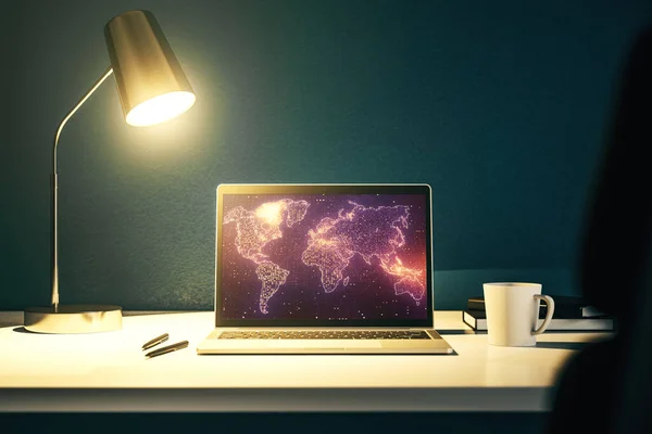 Abstrakte, kreative digitale Weltkarte auf modernem Laptop-Monitor, Tourismus- und Reisekonzept. 3D-Rendering — Stockfoto