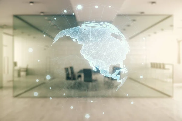 Digital map of North America hologram on a modern furnished classroom background, global technology concept. Multiexposure