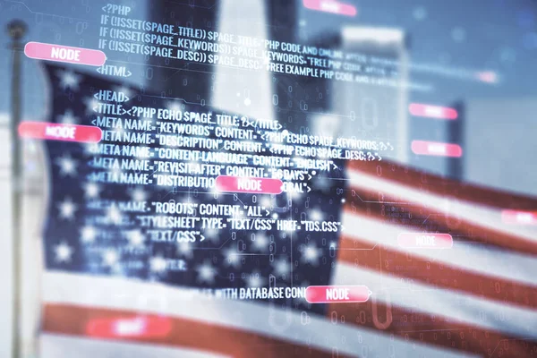 Multi exposure of abstract software development hologram on USA flag and blurry skyscrapers background, research and analytics concept