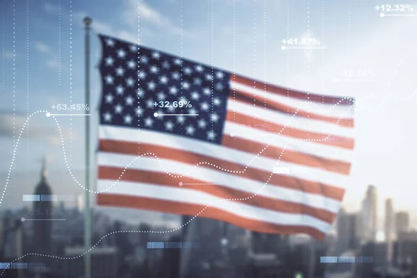 Multi exposure of stats data illustration on USA flag and blurry cityscape background, computing and analytics concept — Stock Photo, Image