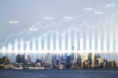 Manhattan şehrinin arka planı, finansal ve ticari konsepti üzerinde sanal soyut finansal grafik arayüzüne çoklu maruz kalma