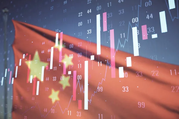 Multi esposizione di diagramma finanziario astratto virtuale sulla bandiera della Cina e sfondo cielo blu, concetto bancario e contabile — Foto Stock