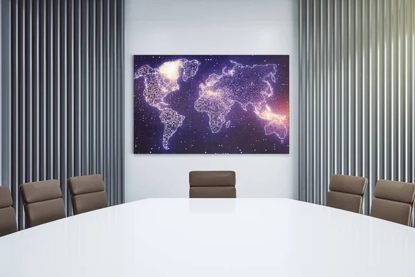Modern bir toplantı odasında sunum ekranında soyut yaratıcı dünya haritası, araştırma ve analiz konsepti. 3B Hazırlama — Stok fotoğraf
