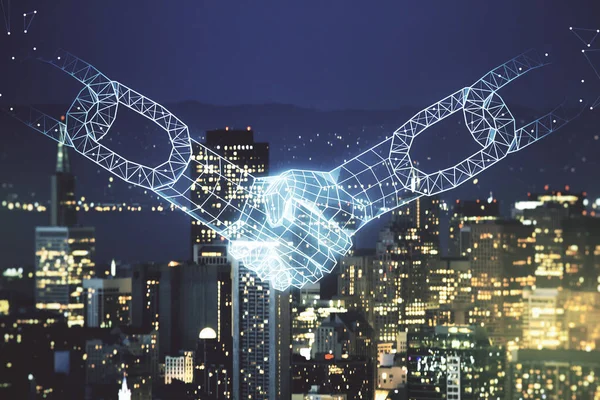 Abstract virtual block chain technology hologram with handshake on San Francisco cityscape background, cryptography and decentralization concept. Multi exposure