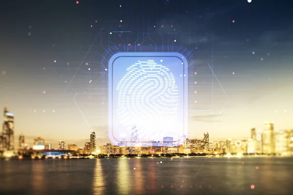 シカゴ市のスカイラインの背景に仮想抽象指紋イラストのマルチ露出,デジタルアクセスコンセプト — ストック写真