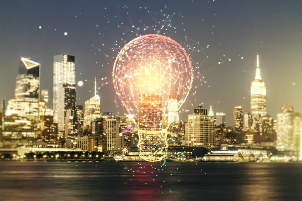 Concept Virtual Idea avec illustration de l'ampoule sur fond skyline de New York. Multiexposition — Photo