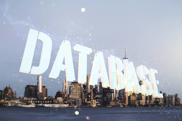 Dupla exposição do holograma criativo da palavra do banco de dados no fundo dos arranha-céus da cidade de Nova York, conceito de pesquisa e desenvolvimento — Fotografia de Stock