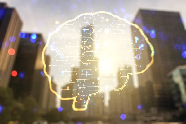 Virtual creative artificial Intelligence hologram with human brain sketch on modern architecture background. Double exposure
