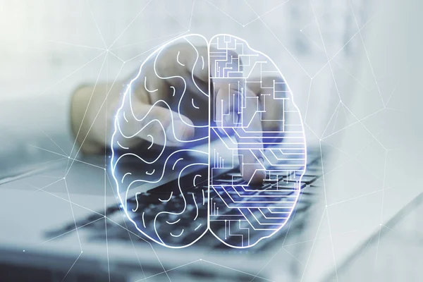 Kreativ artificiell intelligens koncept med mänskliga hjärnan hologram och händer skriva på bärbar dator på bakgrunden. Multiexponering — Stockfoto