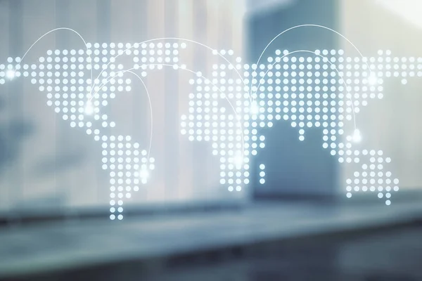 Abstrakte virtuelle Weltkarte mit Verbindungen auf verschwommenem, modernem Bürogebäude-Hintergrund, internationalem Handelskonzept. Mehrfachexposition — Stockfoto