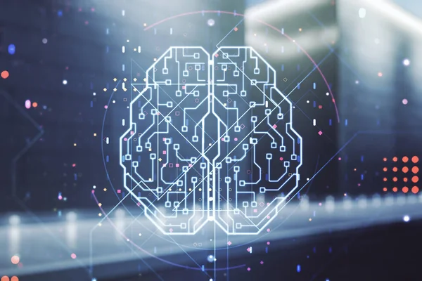 Dubbel exponering av kreativ mänsklig hjärna mikrokrets hologram på samtida business center yttre bakgrund. Framtida teknik och AI-koncept — Stockfoto