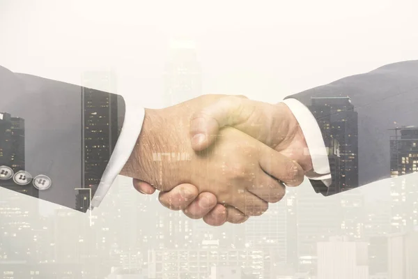 Multi exposure of handshake two businessmen on office buildings background, collaboration and teamwork concept — Stock Photo, Image