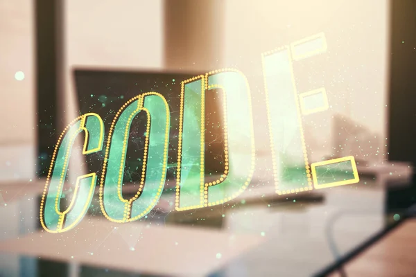 Creative Code word hologram on modern computer background, artificial intelligence and neural networks concept. Multiexposure — Stock Photo, Image