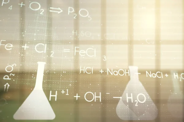 Hologramme de chimie créative sur fond de classe vide, concept de recherche pharmaceutique. Multiexposition — Photo