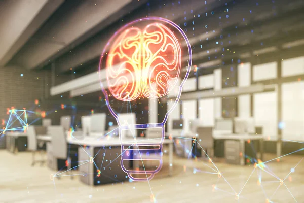 Abstrato ilustração lâmpada virtual com cérebro humano em um moderno fundo de sala de aula mobilado, conceito de tecnologia futuro. Multiexposição — Fotografia de Stock