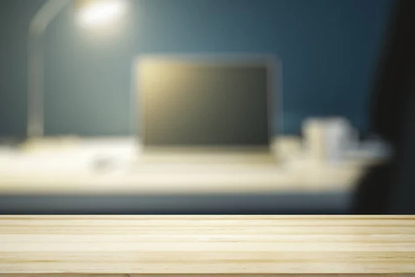 Empty wooden office table with night workplace with computer and lamp on background, mock up — Stock Photo, Image