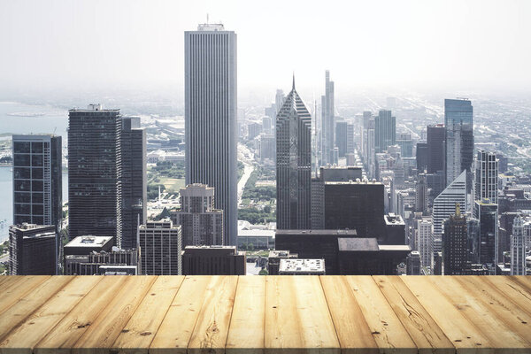 Table top made of wooden dies with beautiful Chicago skyline on background, mockup