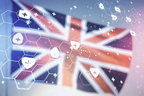 Abstract virtual medical hologram on British flag and sunset sky background, online medical consulting concept. Multiexposição — Fotografia de Stock