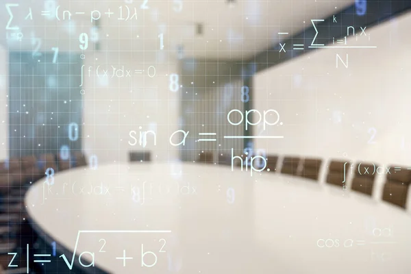 Анотаційна наукова формула голограма на сучасному фоні конференц-залу. Багатоцільовий — стокове фото