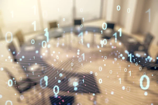 Abstract virtual binary code hologram on a modern coworking room background, AI and machine learning concept. Multiexposure — Stock Photo, Image