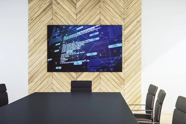 Abstrakcyjny język programowania na ekranie telewizora prezentacji w nowoczesnej sali konferencyjnej, koncepcji badawczo-rozwojowej. Renderowanie 3D — Zdjęcie stockowe