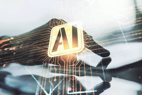 Double exposure of creative artificial Intelligence icon with finger clicks on a digital tablet on background. Neural networks and machine learning concept — Stock Photo, Image