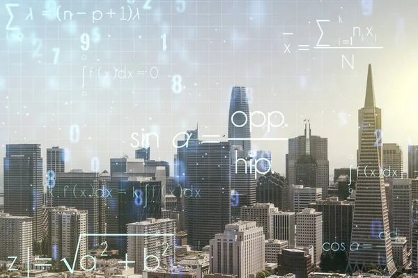 과학 공식 설명 (Scientific formula illustration on San Francisco cityscape background), 과학 및 연구 개념. 과잉 노출 — 스톡 사진