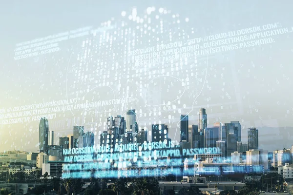 Abstrato código criativo virtual crânio holograma em Los Angeles prédios de escritórios de fundo, roubo de dados pessoais e conceito de malware. Multiexposição — Fotografia de Stock