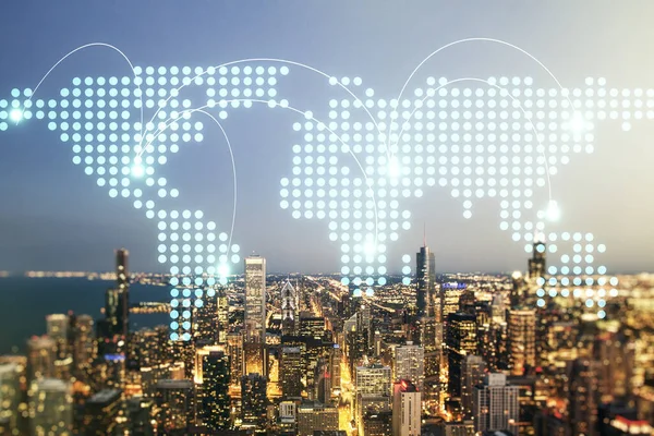 Mappa astratta del mondo virtuale con connessioni sullo sfondo skyline di Chicago, concetto di trading internazionale. Multiesposizione — Foto Stock