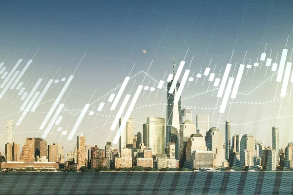 맨해튼 사무실 건물의 배경, 은행 및 회계 개념에 대한 가상 추상적 인 금융 다이어그램의 다중 노출 — 스톡 사진