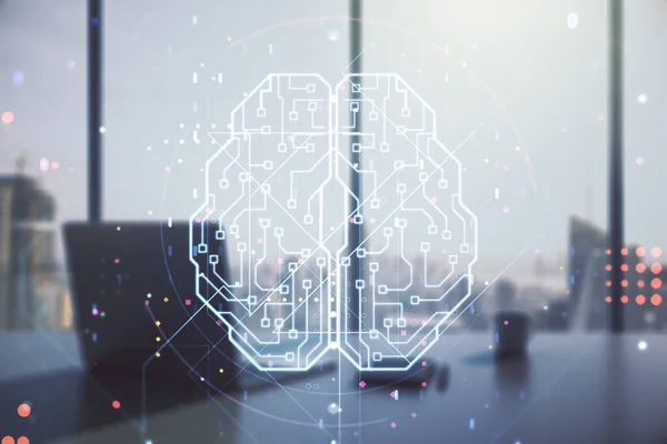 Creative artificial Intelligence concept with human brain sketch and modern desktop with pc on background. Double exposure — Stock Photo, Image