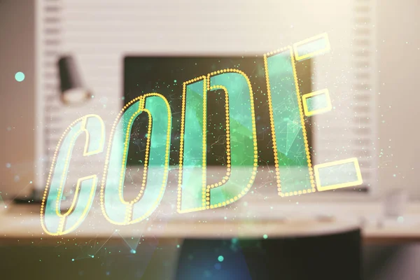 Creative Code word hologram on modern computer background, artificial intelligence and neural networks concept. Multiexposure — Stock Photo, Image