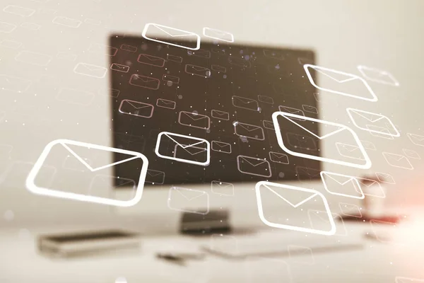 Creatieve abstracte postenveloppen schetsen op moderne laptop achtergrond, e-mail en marketing concept. Dubbele blootstelling — Stockfoto