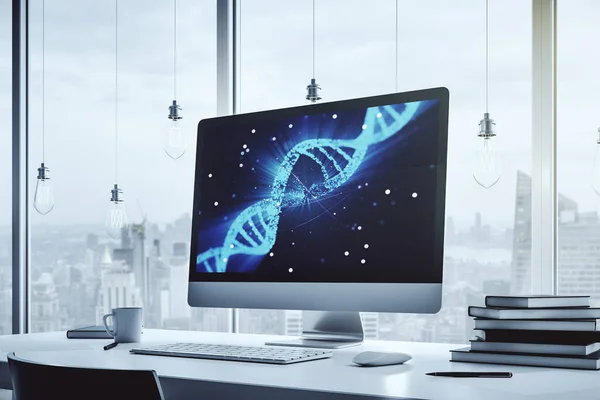 Monitor de computador moderno com holograma de DNA criativo. Bioengenharia e conceito de pesquisa de DNA. Renderização 3D — Fotografia de Stock