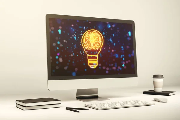 Modern datorskärm med kreativ glödlampshologram med mänsklig hjärna, idé och brainstorming koncept. 3D-återgivning — Stockfoto