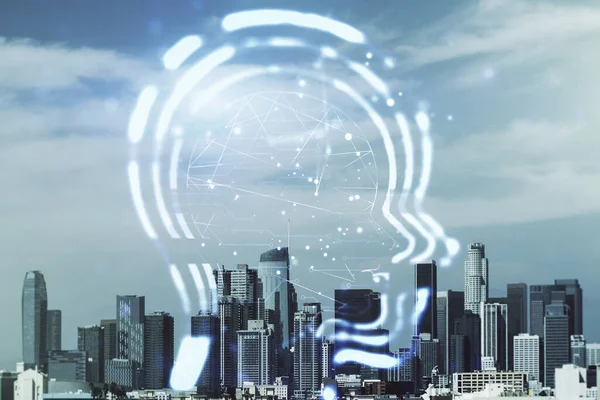 Abstrakt virtuell artificiell intelligens gränssnitt med mänskligt huvud hologram på Los Angeles skyline bakgrund. Multiexponering — Stockfoto