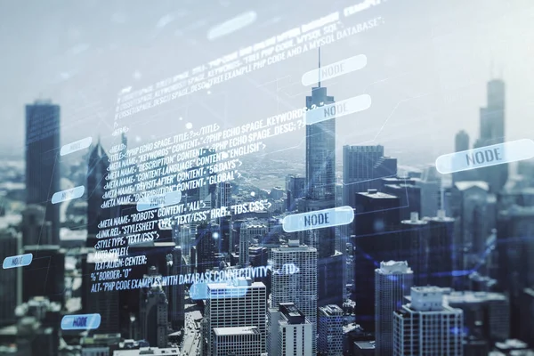 Conceito de codificação virtual abstrato no plano de fundo do horizonte de Chicago. Multiexposição — Fotografia de Stock