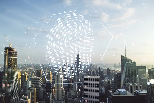 Abstract virtual fingerprint hologram on New York city skyline background. Multiexposure