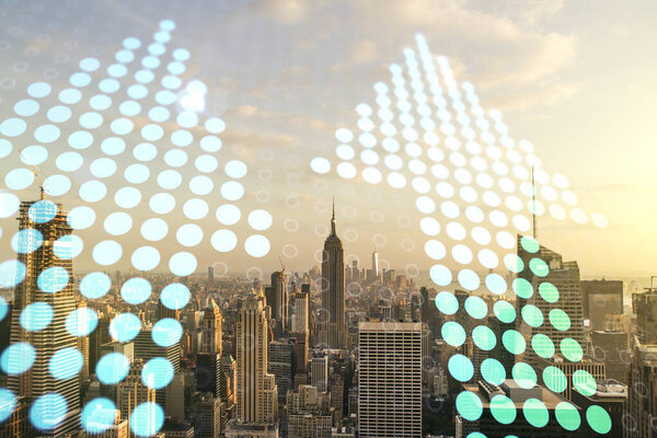 Double exposure of abstract virtual upward arrows hologram on New York city skyscrapers background. Ambition and challenge concept