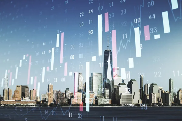 맨해튼 도시 배경의 가상 추상 금융 그래프 인터페이스의 다중 노출, 금융 및 무역 개념 — 스톡 사진