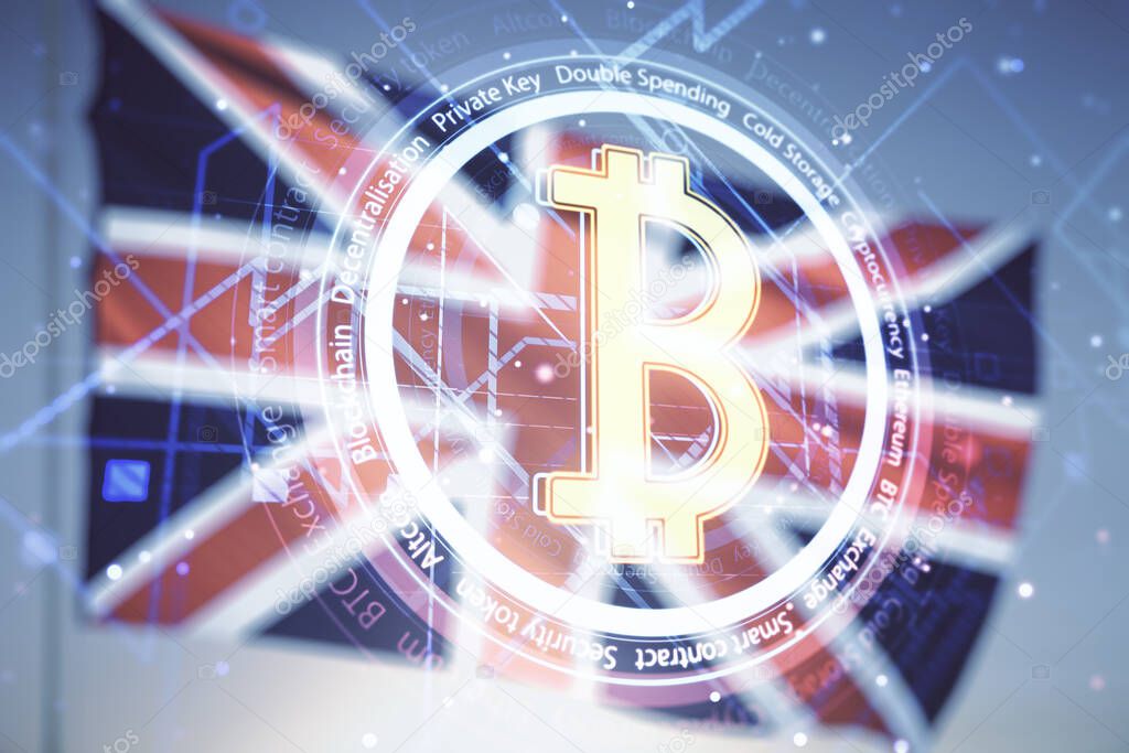 Double exposure of creative Bitcoin symbol hologram on flag of Great Britain and blue sky background. Mining and blockchain concept