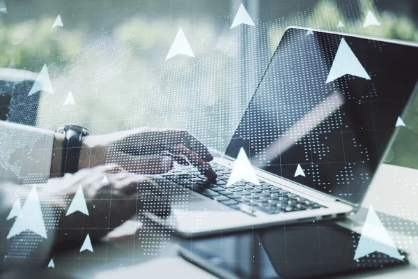 Double exposure of world map with pins hologram and hands typing on laptop on background. Geolocation tracking and transportation concept — Stock Photo, Image