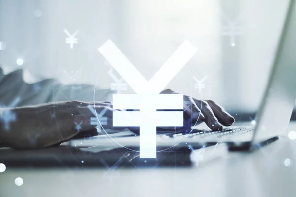Kreativa japanska Yen symbol illustration och händer skriva på dator tangentbord på bakgrund, forex och valuta koncept. Multiexponering — Stockfoto