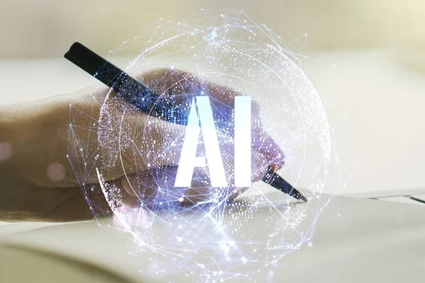Concept de symbole d'intelligence artificielle créative avec l'écriture de la main de l'homme dans le journal intime sur fond. Double exposition — Photo