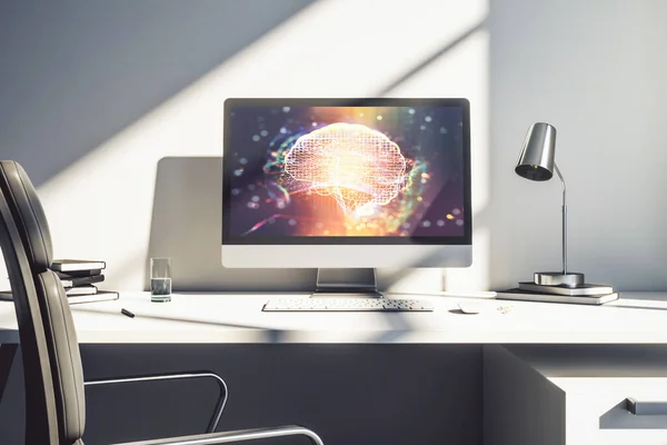 Creative artificial Intelligence concept with human brain sketch on modern laptop monitor. 3D Rendering — Stock Photo, Image