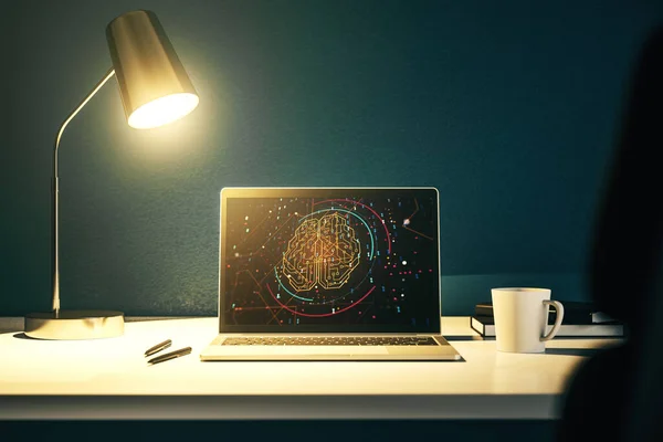 Kreatives Konzept der künstlichen Intelligenz mit Skizze des menschlichen Gehirns auf einem modernen Laptop-Monitor. 3D-Rendering — Stockfoto