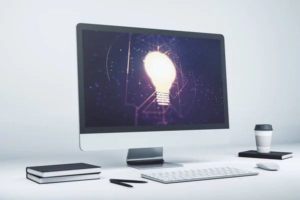 Kreativ glödlampa illustration på modern datorskärm, framtida teknik koncept. 3D-återgivning — Stockfoto