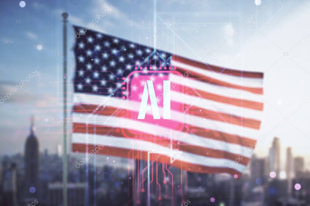 Double exposure of creative artificial Intelligence icon on USA flag and blurry cityscape background. Neural networks and machine learning concept