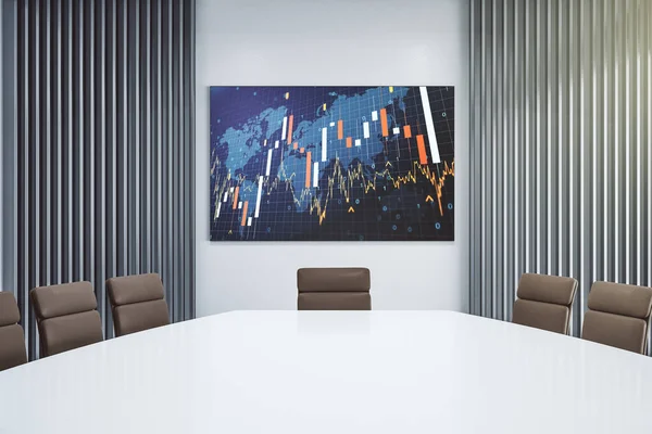 Abstract creative financial graph and world map on tv display in a modern presentation room, financial and trading concept. 3D Rendering — Stock Photo, Image