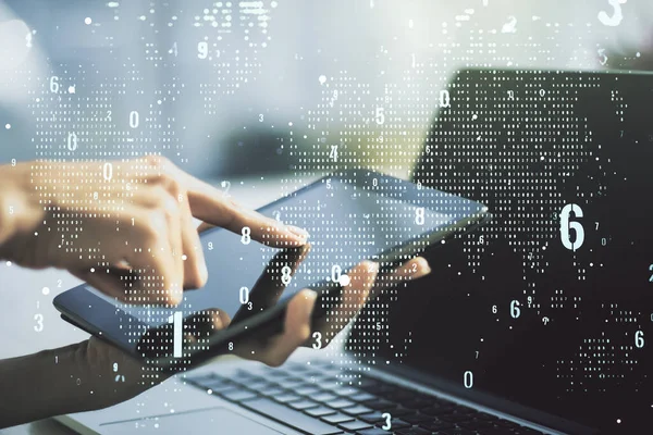 抽象プログラミング言語ホログラムの世界地図と手の背景にデジタルタブレットで作業のマルチ露出,人工知能とニューラルネットワークの概念 — ストック写真